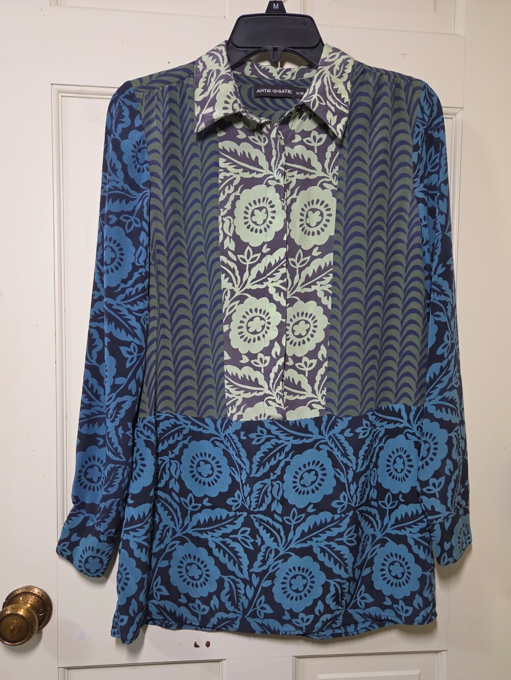 Antik Batik Blue and Green Floral Patchwork Pattern Tunic Silk Top, Size S